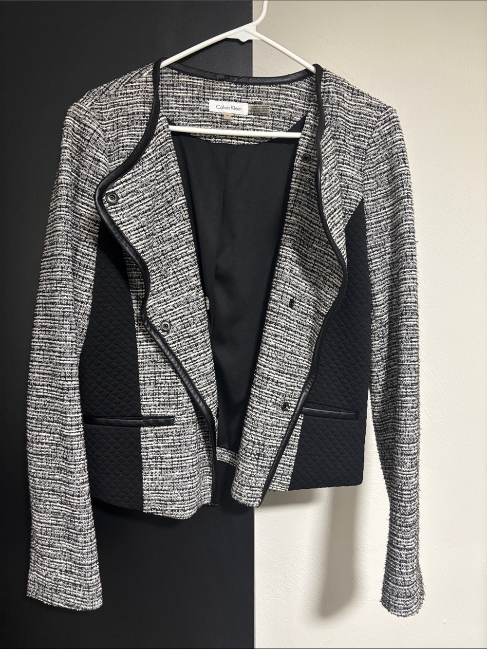 Calvin Klein Black and White Tweed-Effect Blazer